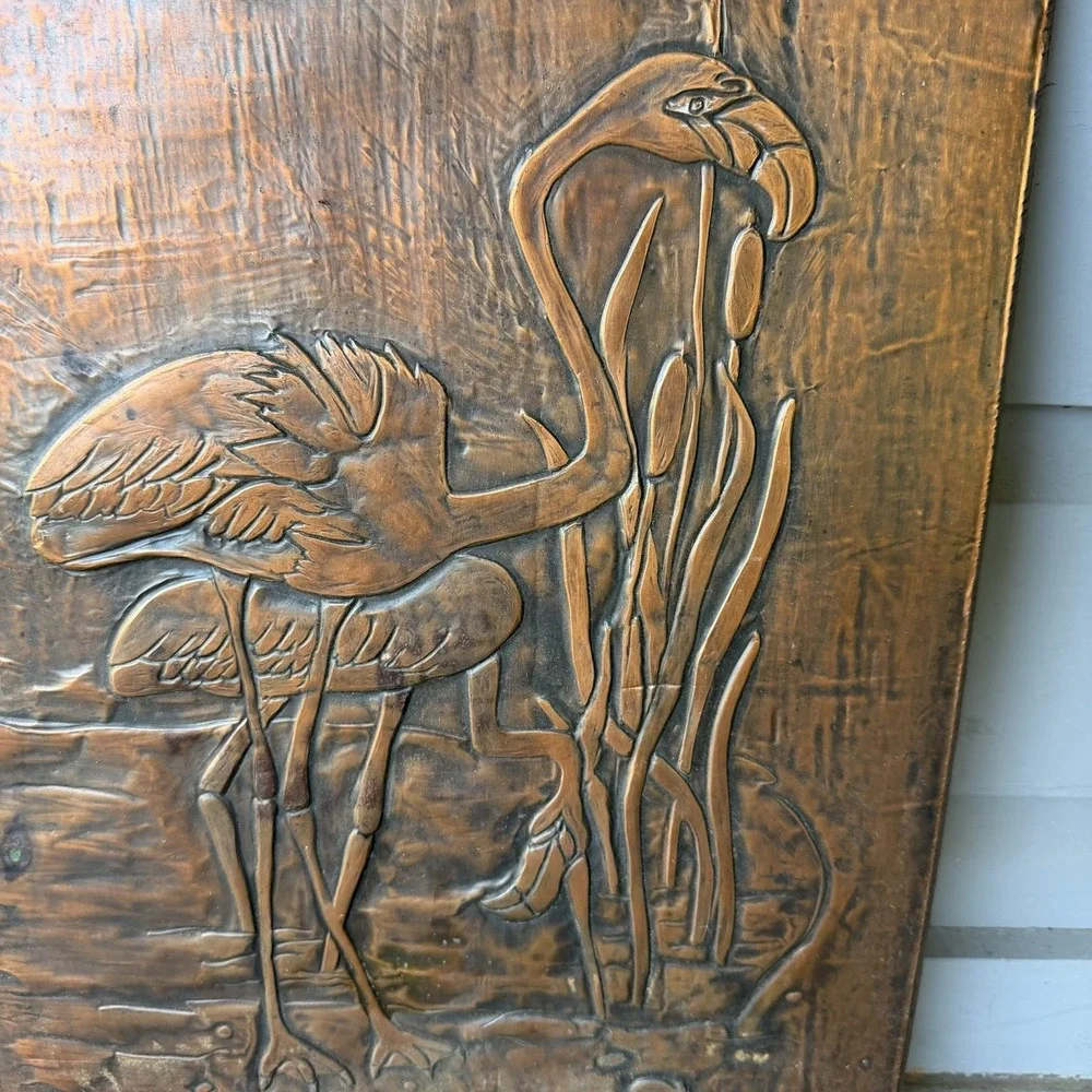 Vintage MCM Copper Relief Wall Art Plaque Embossed Flamingo Heron Bird In Marsh
